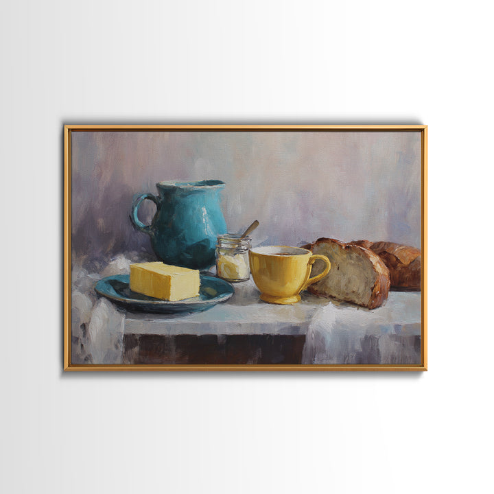 Baguette and Butter Still Life on Marble Framed Canvas Print, Bakery Art, Textured Painting, Bakery Decor, Fine Art, Patisserie, BAK-3x2-60