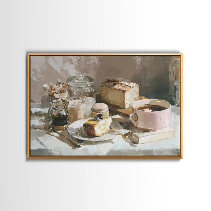 Painterly Eclair and Coffee Still Life Framed Canvas Print, Bakery Art, Bakery Decor, Abstract Art, Patisserie, BAK-3x2-64