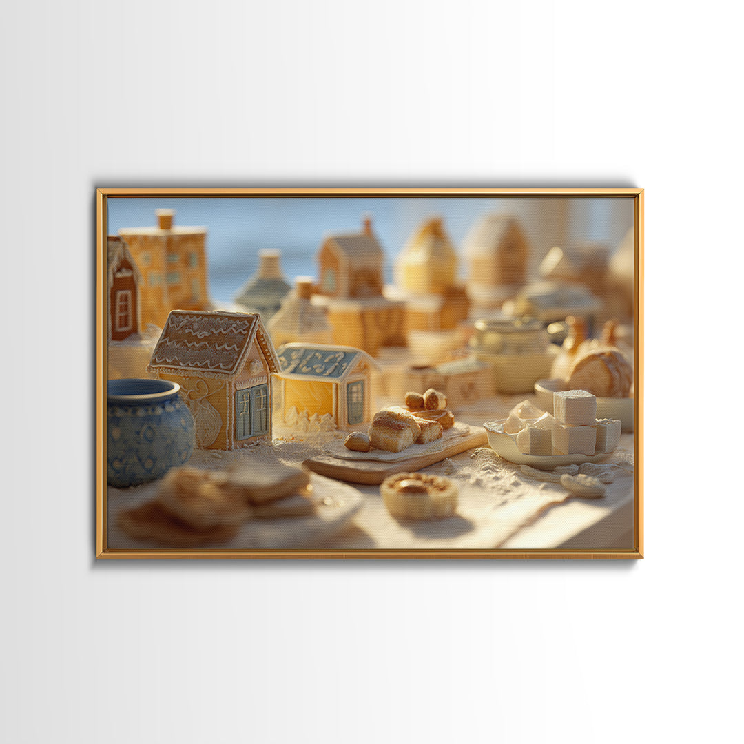 Gingerbread Houses in Charming Folk Art Style Canvas Print, Bakery Art, Digital Download Art, Bakery Decor, Patisserie, BAK-3x2-66