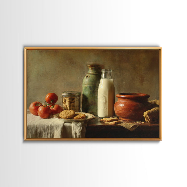 Milk Bottle and Cookies Nostalgic Still Life Framed Canvas Print, Bakery Art, Watercolor Print, Bakery Decor, Oil Painting, BAK-3x2-74