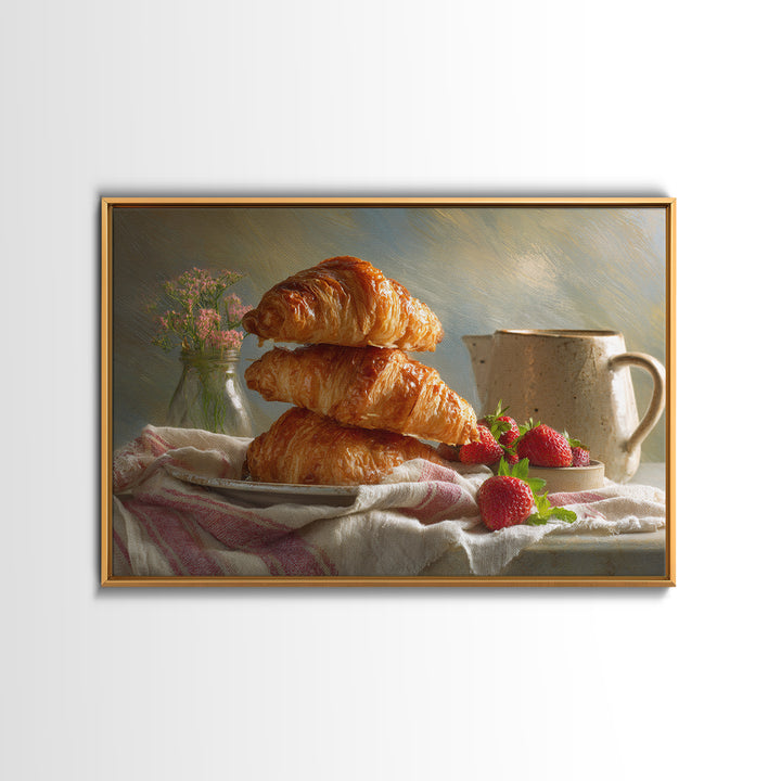 Buttery Croissants Stacked on Striped Linen Framed Canvas Print, Bakery Art, Room Decor, Bakery Decor, Abstract Art, Patisserie, BAK-3x2-77