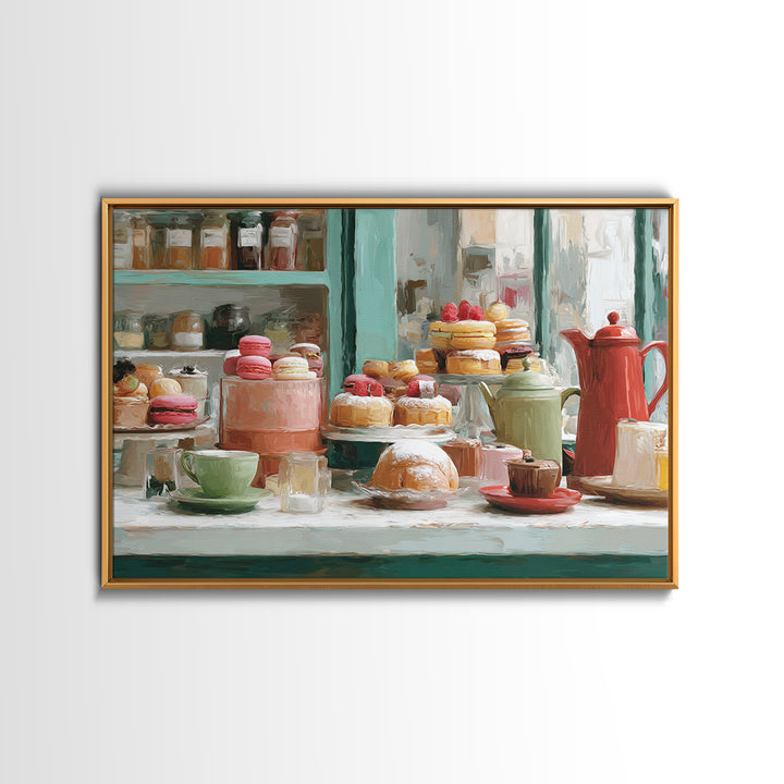 French Patisserie Window Display of Pastel Pastries Framed Canvas Print, Bakery Art, Kids Art, Bakery Decor, Patisserie, BAK-3x2-78