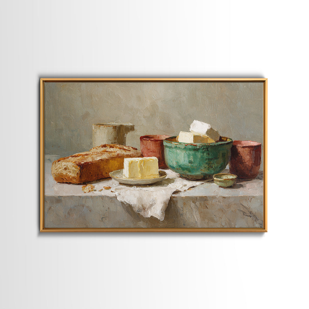 Baguette and Butter Still Life on Marble Canvas Print, Bakery Art, Wall Decor, Bakery Decor, Patisserie, Kitchen Prints, BAK-3x2-84