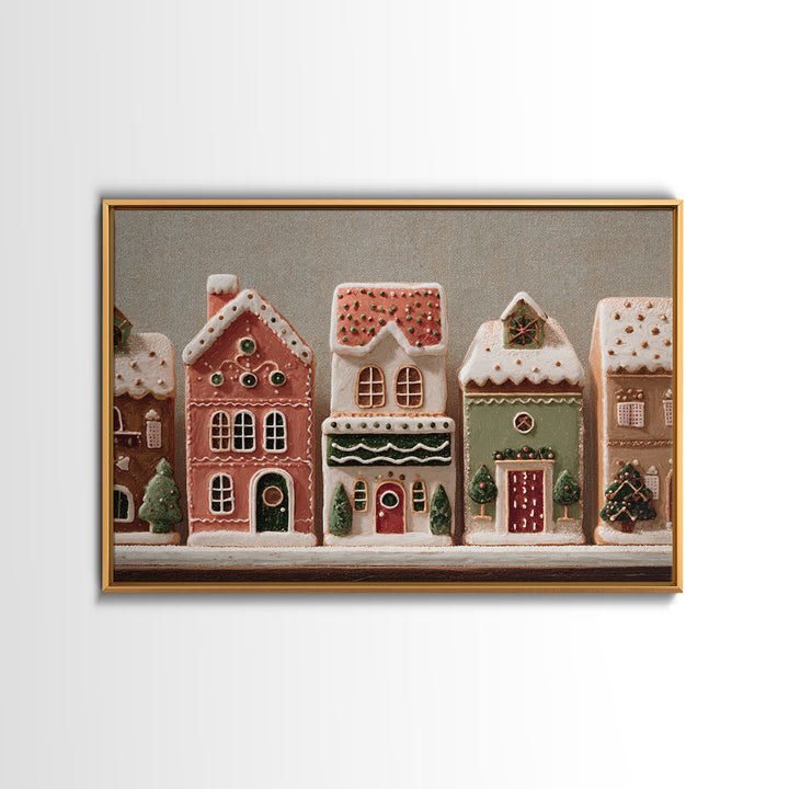 Gingerbread Houses in Charming Folk Art Style Framed Canvas Print, Bakery Art, Whimsical Wall Art, Bakery Decor, Patisserie, BAK-3x2-90