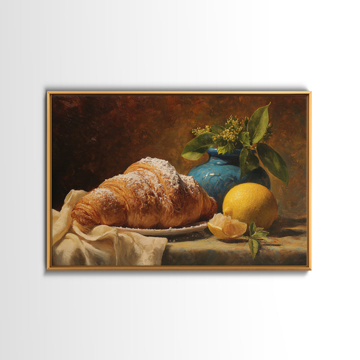 Almond Croissant Closeup Framed Canvas Print, Bakery Art, Kitchen Prints, Bakery Decor, Oil Painting, Patisserie, Fine Art, BAK-3x2-91