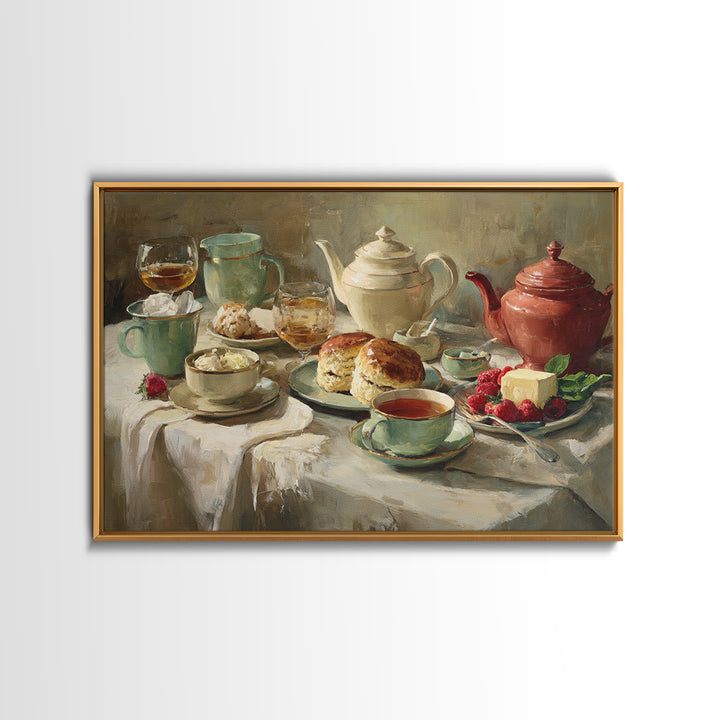 Tea and Scone Arrangement Framed Canvas Print, Bakery Art, Printable Wall Art, Bakery Decor, Patisserie, Coffee Wall Art, BAK-3x2-96
