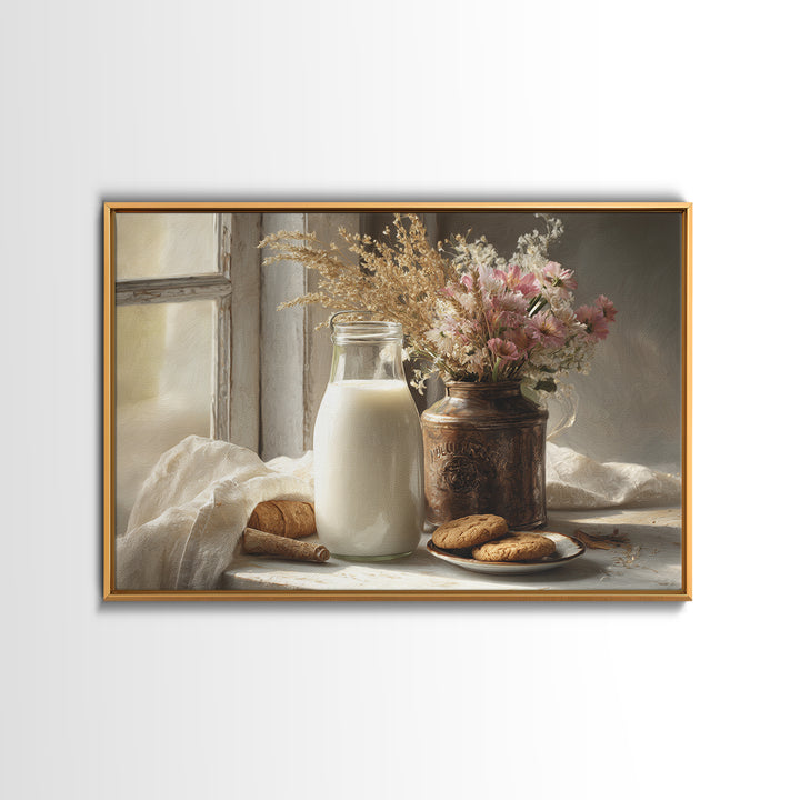 Milk Bottle and Cookies Nostalgic Still Life Canvas Print, Bakery Art, Fine Art, Bakery Decor, Patisserie, Textured Painting, BAK-3x2-98