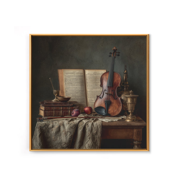 Baroque Violin and Sheet Music Still Life Framed Canvas Print, Baroque Art, Digital Wall Art, Living Room Decor, Ornate, BAO-1x1-11