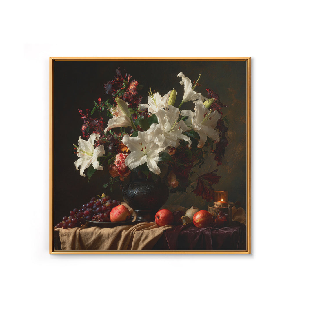 Dramatic White Lilies Framed Canvas Print, Baroque Art, Painting, Living Room Decor, Fine Art, Ornate, Living Room Wall Art, BAO-1x1-12