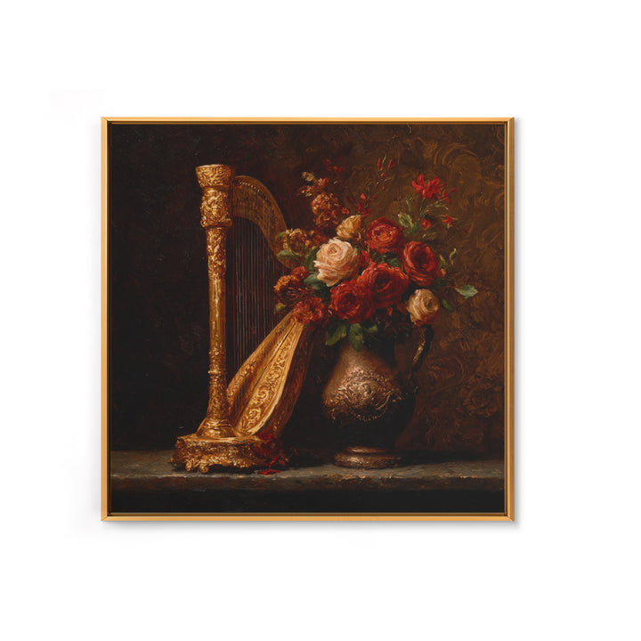 Golden Harp and Roses Canvas Print, Baroque Art, Printable Art, Living Room Decor, Ornate, Gallery Wall, Dark Academia Art, BAO-1x1-18
