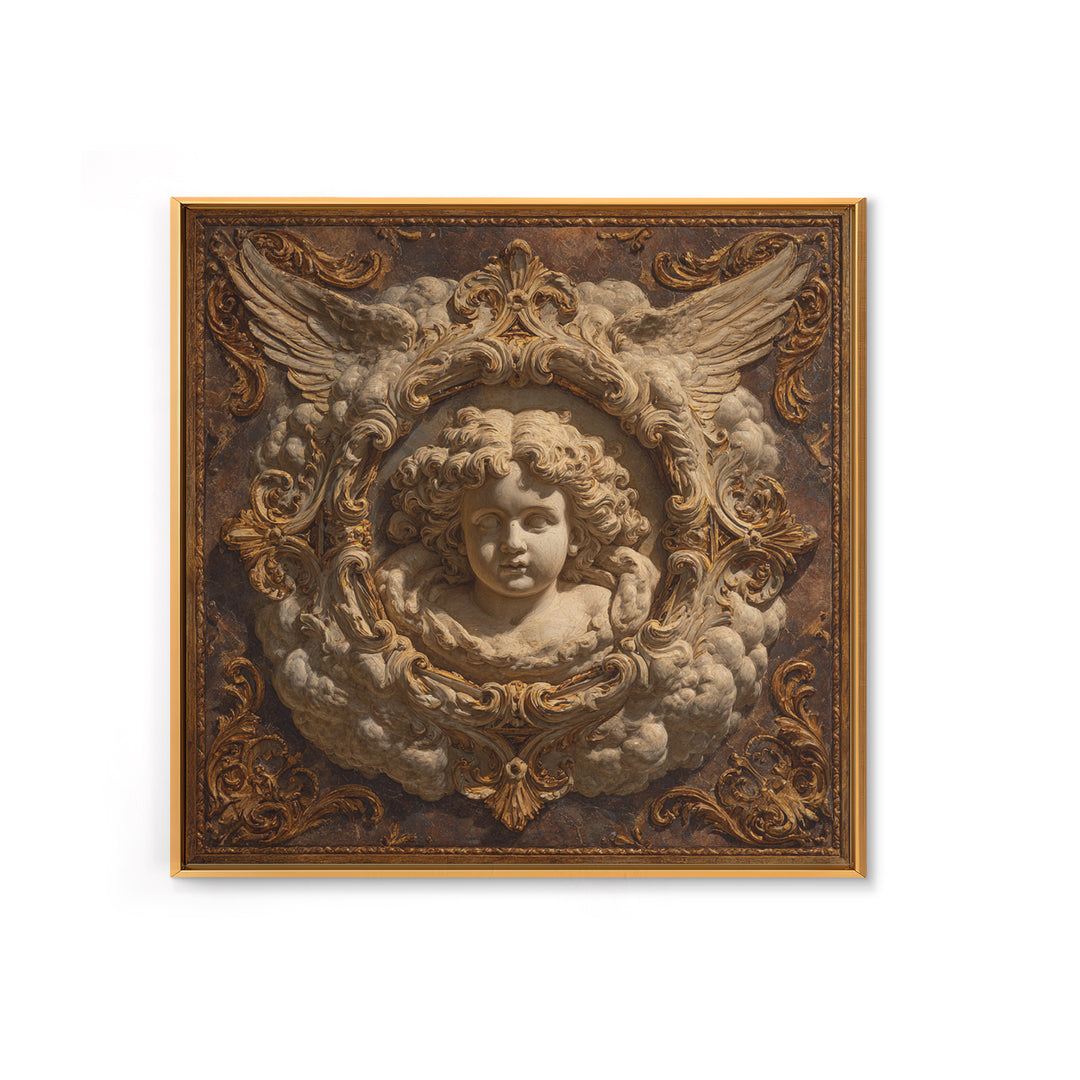 Ornate Cherub Figure Surrounded by Clouds and Framed Canvas Print, Baroque Art, Whimsical Decor, Living Room Decor, Ornate, BAO-1x1-2