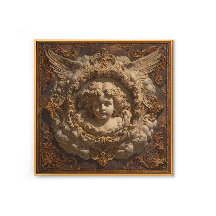 Ornate Cherub Figure Surrounded by Clouds and Framed Canvas Print, Baroque Art, Whimsical Decor, Living Room Decor, Ornate, BAO-1x1-2