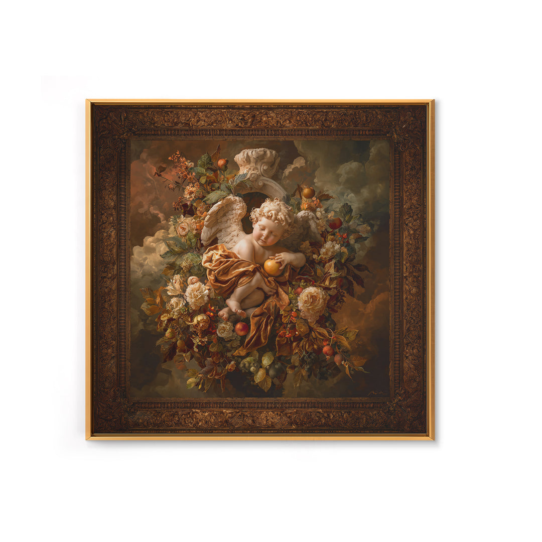 Ornate Cherub Figure Surrounded by Clouds and Canvas Print, Baroque Art, Moody Wall Art, Living Room Decor, Fine Art, Ornate, BAO-1x1-26