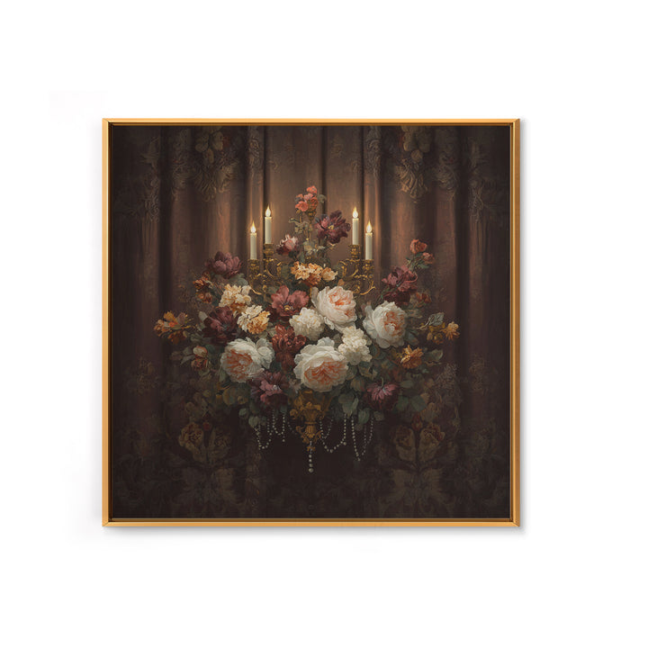 Velvet Drapery with Pearls Flowers and Candlelight Canvas Print, Baroque Art, 3d Wall Art, Living Room Decor, Ornate, BAO-1x1-27