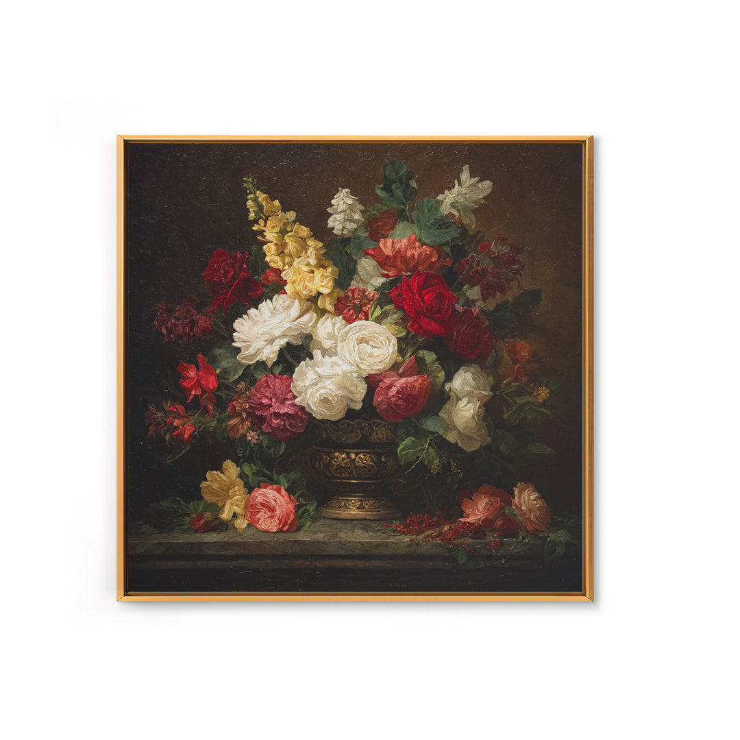 Dark Floral Arrangement Framed Canvas Print, Baroque Art, Oil Painting, Living Room Decor, Fine Art, Ornate, Eclectic Wall Art, BAO-1x1-28