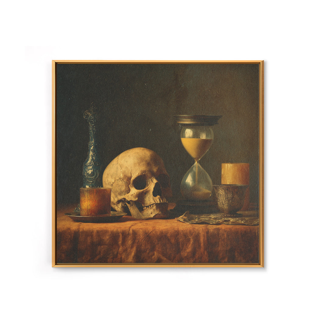 Skull and Hourglass Vanitas Still Life Framed Canvas Print, Baroque Art, Dark Academia Art, Living Room Decor, Fine Art, Ornate, BAO-1x1-29