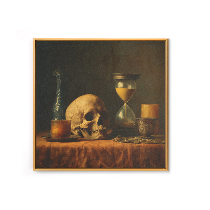 Skull and Hourglass Vanitas Still Life Framed Canvas Print, Baroque Art, Dark Academia Art, Living Room Decor, Fine Art, Ornate, BAO-1x1-29