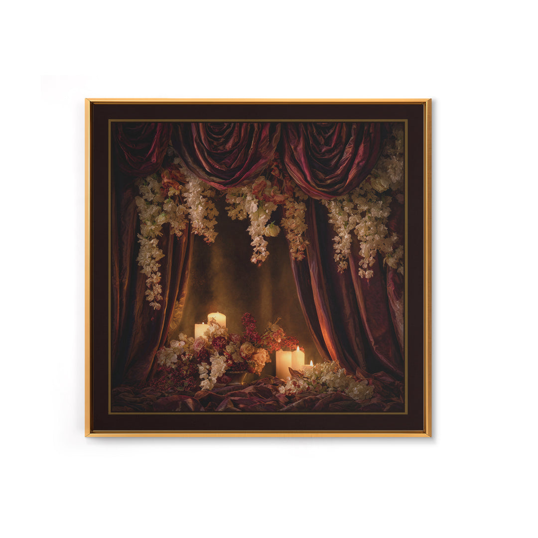 Velvet Drapery with Pearls Flowers and Candlelight Canvas Print, Baroque Art, Canvas, Living Room Decor, Fine Art, Ornate, BAO-1x1-3