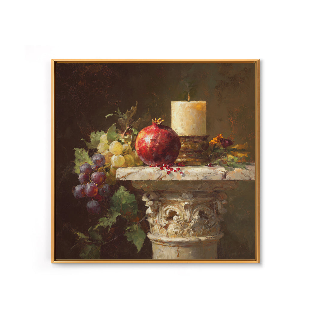 Pomegranate and Grapes on a Marble Ledge Framed Canvas Print, Baroque Art, Home Decor, Living Room Decor, Fine Art, Ornate, BAO-1x1-32