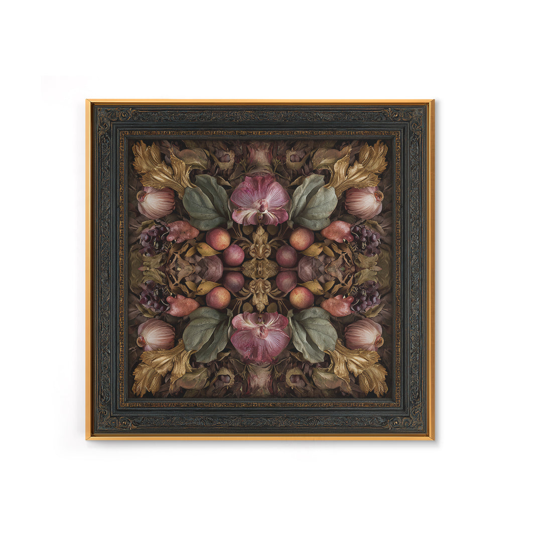 Ornate Gold Frame Illusion Around a Botanical Framed Canvas Print, Baroque Art, Maximalist Decor, Living Room Decor, Ornate, BAO-1x1-33