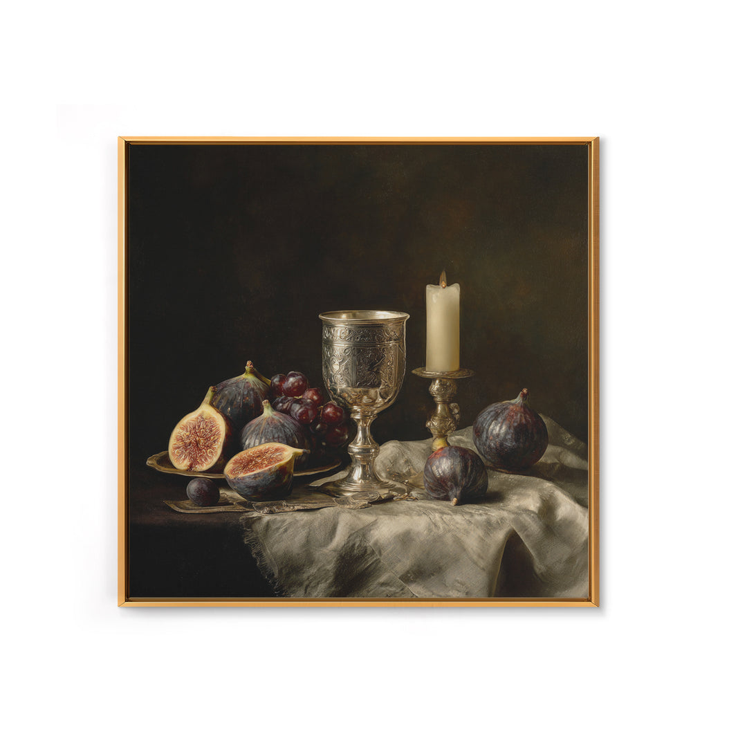 Candlelit Table with Silver Goblet and Figs Canvas Print, Baroque Art, Room Decor Aesthetic, Living Room Decor, Ornate, BAO-1x1-37