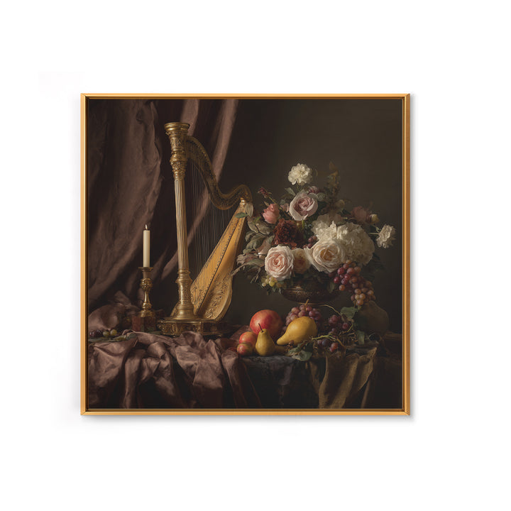 Golden Harp and Roses Framed Canvas Print, Baroque Art, Modern Wall Art, Living Room Decor, Abstract Art, Ornate, Feminist Art, BAO-1x1-42