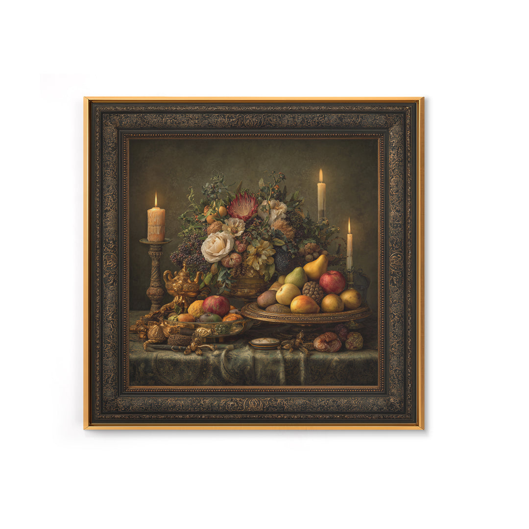 Lavish Banquet Fruit Composition Framed Canvas Print, Baroque Art, Whimsical Decor, Living Room Decor, Fine Art, Ornate, BAO-1x1-44