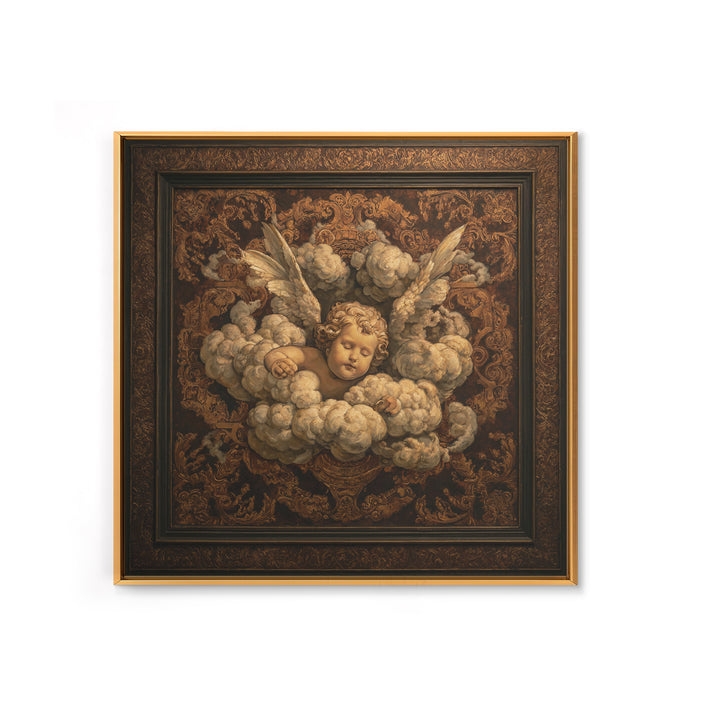 Ornate Cherub Figure Surrounded by Clouds and Canvas Print, Baroque Art, Moody Wall Art, Living Room Decor, Fine Art, Ornate, BAO-1x1-50