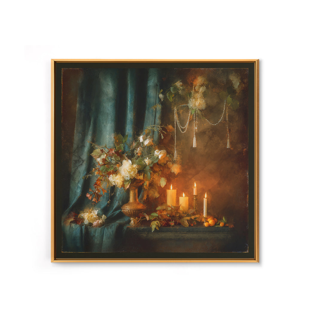Velvet Drapery with Pearls Flowers and Candlelight Canvas Print, Baroque Art, Maximalist Decor, Living Room Decor, Ornate, BAO-1x1-51