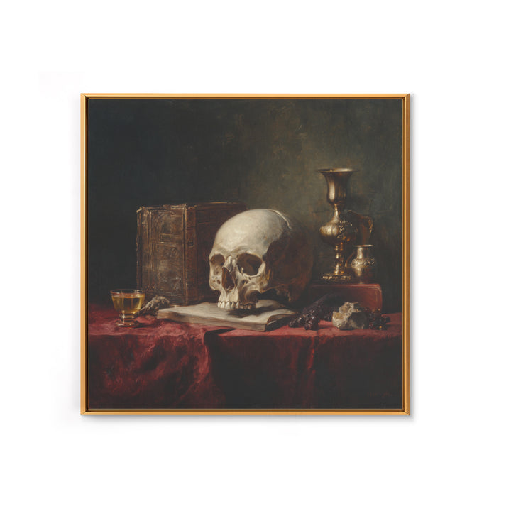 Skull and Hourglass Vanitas Still Life Framed Canvas Print, Baroque Art, Dark Academia Art, Living Room Decor, Fine Art, Ornate, BAO-1x1-53