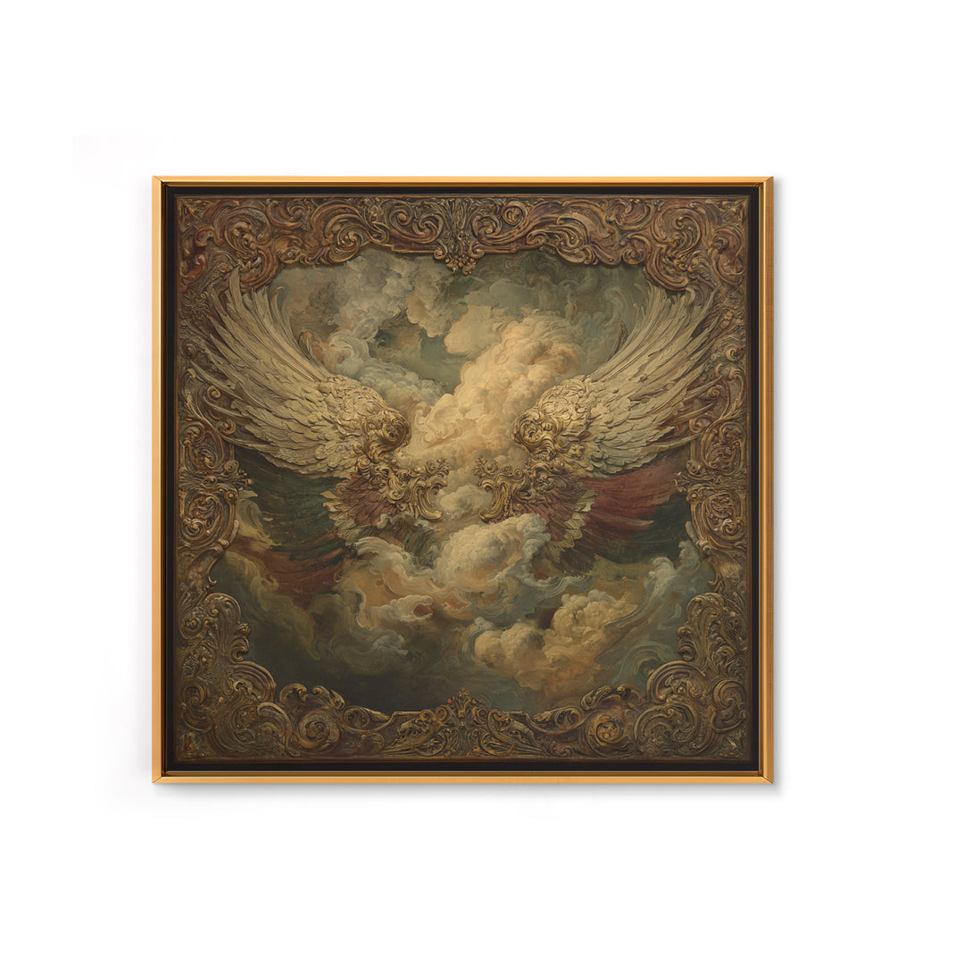 Gilded Angel Wings Emerging from Storm Clouds Canvas Print, Baroque Art, Minimalist Wall Art, Living Room Decor, Oil Painting, BAO-1x1-54
