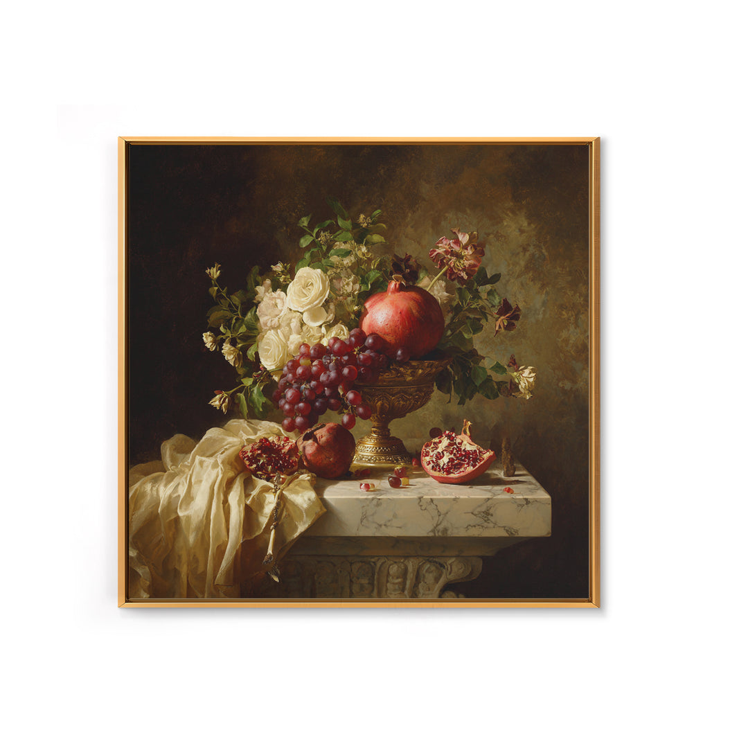 Pomegranate and Grapes on a Marble Ledge Framed Canvas Print, Baroque Art, Digital Wall Art, Living Room Decor, Ornate, BAO-1x1-56