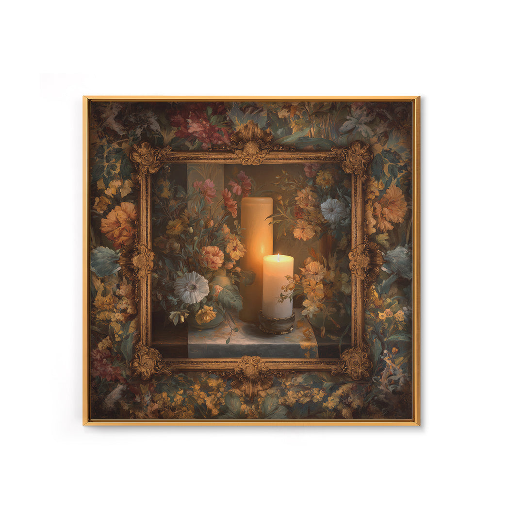Ornate Gold Frame Illusion Around a Botanical Framed Canvas Print, Baroque Art, Maximalist Decor, Living Room Decor, Ornate, BAO-1x1-57