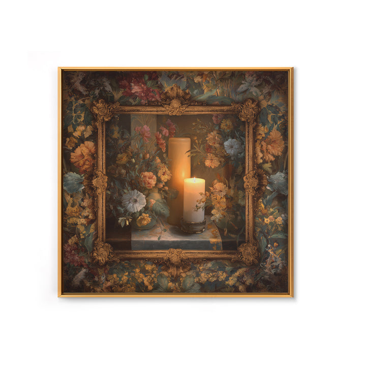 Ornate Gold Frame Illusion Around a Botanical Framed Canvas Print, Baroque Art, Maximalist Decor, Living Room Decor, Ornate, BAO-1x1-57