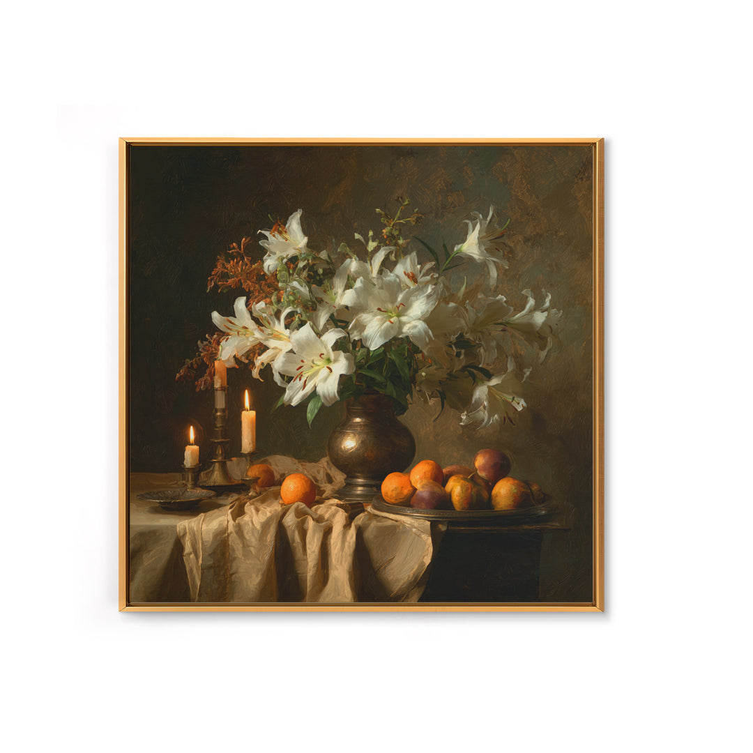 Dramatic White Lilies Canvas Print, Baroque Art, Portrait Painting, Living Room Decor, Fine Art, Ornate, Neutral Decor, BAO-1x1-60