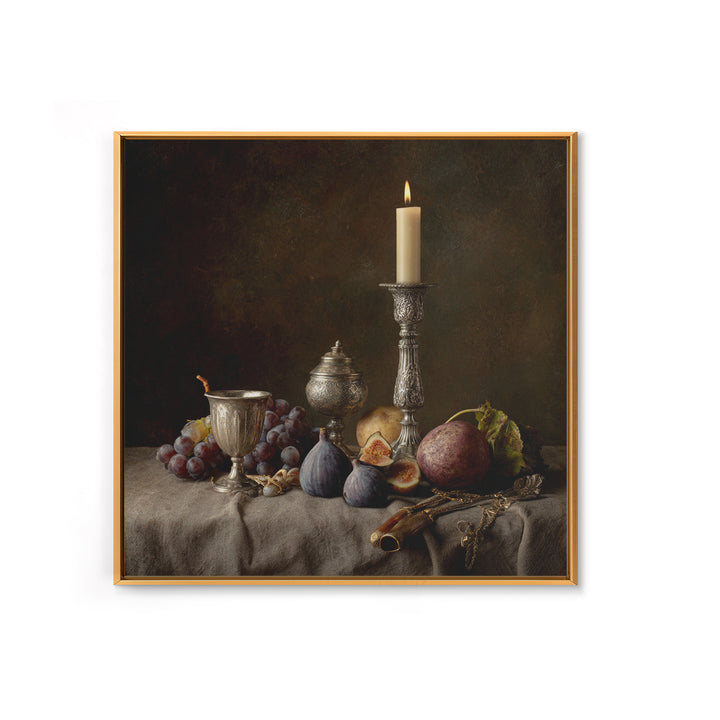 Candlelit Table with Silver Goblet and Figs Canvas Print, Baroque Art, Room Decor Aesthetic, Living Room Decor, Ornate, BAO-1x1-61