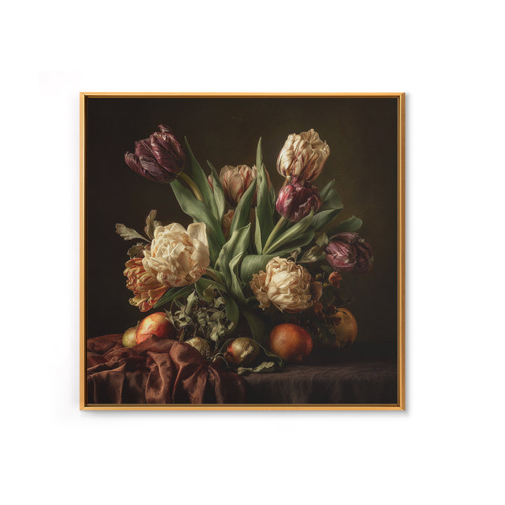 Black Background Tulips Framed Canvas Print, Baroque Art, Living Room Wall Art, Living Room Decor, Ornate, Art Nouveau Decor, BAO-1x1-64