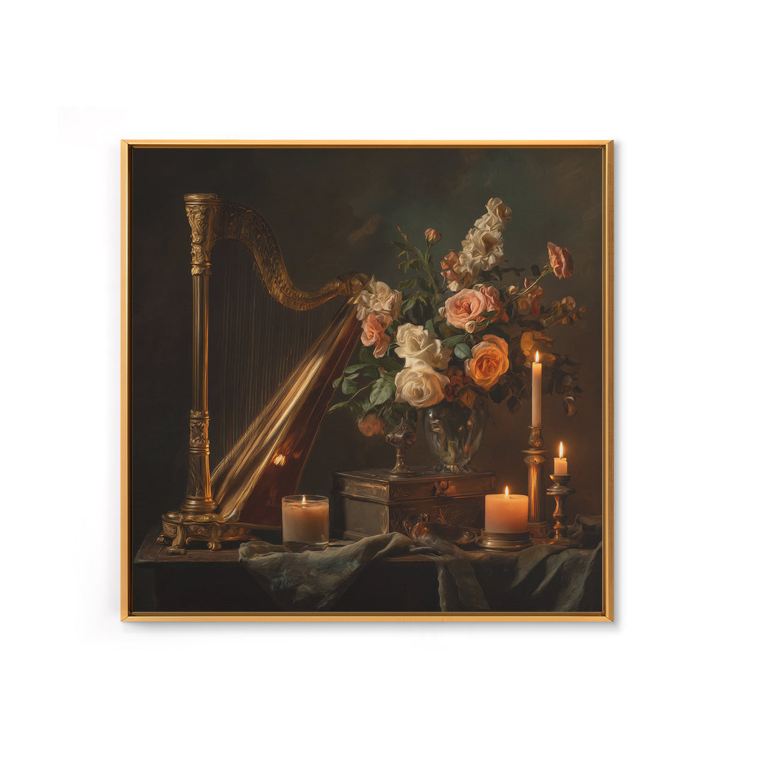 Golden Harp and Roses Framed Canvas Print, Baroque Art, Modern Wall Art, Living Room Decor, Abstract Art, Ornate, Feminist Art, BAO-1x1-66
