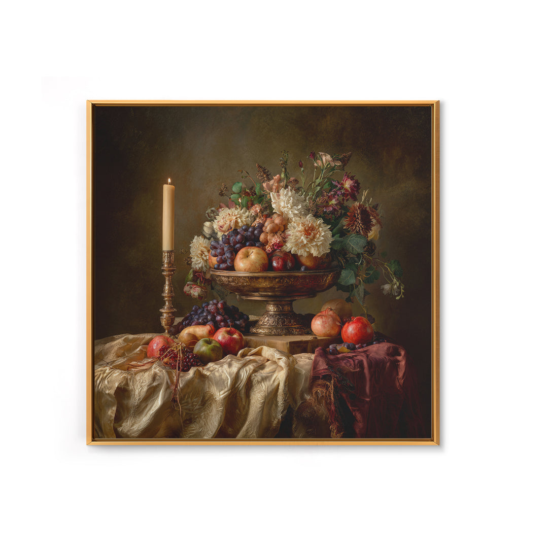 Lavish Banquet Fruit Composition Framed Canvas Print, Baroque Art, Dark Academia Art, Living Room Decor, Fine Art, Ornate, BAO-1x1-68