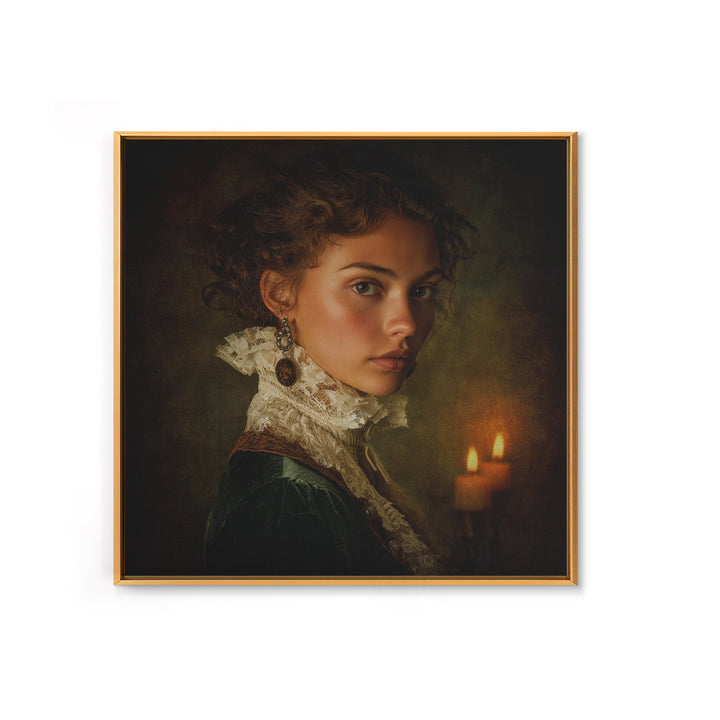 Classical Portrait with Lace Collar and Jewel Framed Canvas Print, Baroque Art, Oil Painting, Living Room Decor, Ornate, BAO-1x1-7