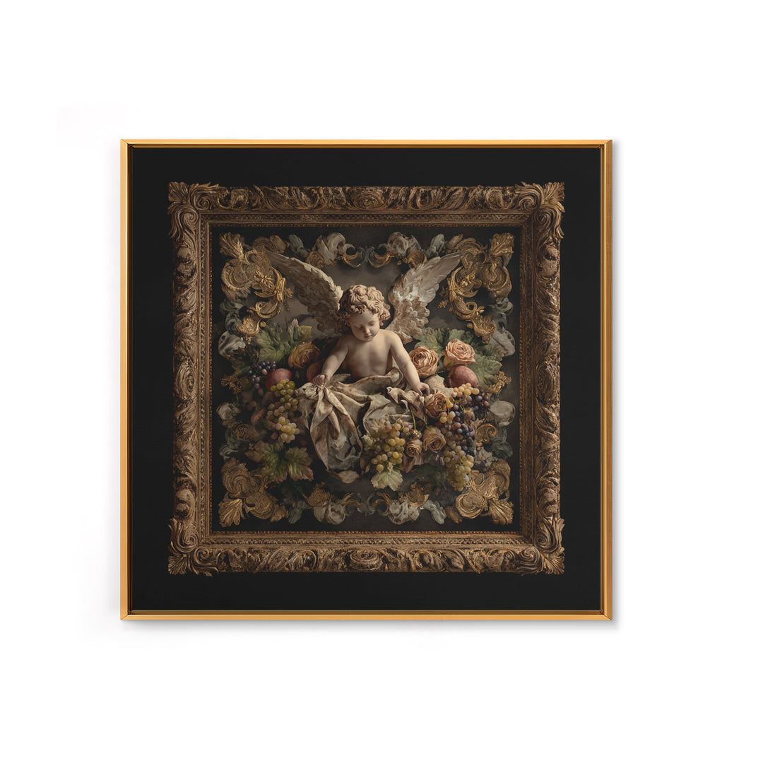 Ornate Cherub Figure Surrounded by Clouds and Canvas Print, Baroque Art, Dark Academia Art, Living Room Decor, Ornate, BAO-1x1-74