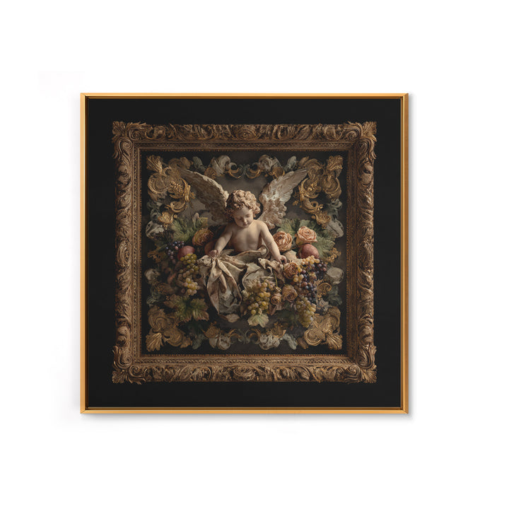 Ornate Cherub Figure Surrounded by Clouds and Canvas Print, Baroque Art, Dark Academia Art, Living Room Decor, Ornate, BAO-1x1-74