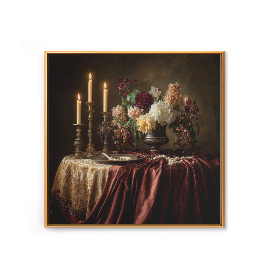 Velvet Drapery with Pearls Flowers and Candlelight Canvas Print, Baroque Art, Baroque, Living Room Decor, Fine Art, Ornate, BAO-1x1-75