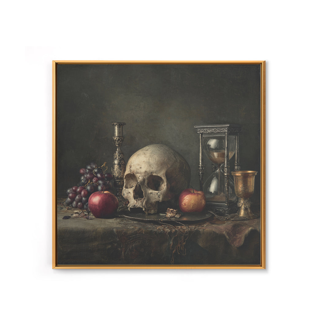 Skull and Hourglass Vanitas Still Life Canvas Print, Baroque Art, Art Nouveau Decor, Living Room Decor, Fine Art, Ornate, BAO-1x1-77