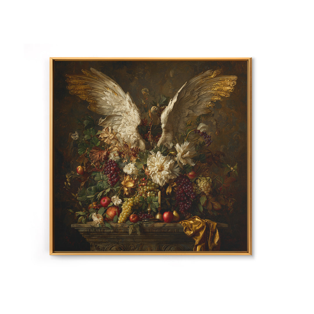 Gilded Angel Wings Emerging from Storm Clouds Framed Canvas Print, Baroque Art, Maximalist Decor, Living Room Decor, Ornate, BAO-1x1-78