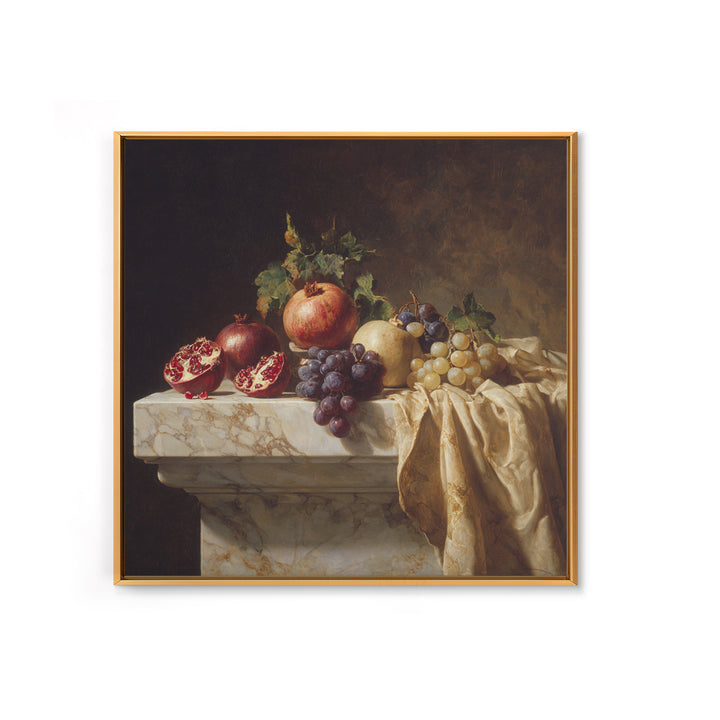 Pomegranate and Grapes on a Marble Ledge Framed Canvas Print, Baroque Art, Digital Wall Art, Living Room Decor, Ornate, BAO-1x1-8