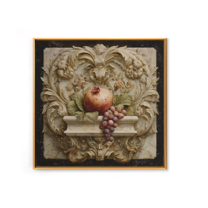 Pomegranate and Grapes on a Marble Ledge Framed Canvas Print, Baroque Art, Home Decor, Living Room Decor, Fine Art, Ornate, BAO-1x1-80
