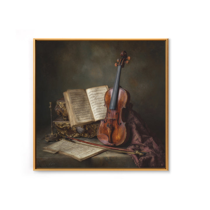 Baroque Violin and Sheet Music Still Life Framed Canvas Print, Baroque Art, Home Decor, Living Room Decor, Fine Art, Ornate, BAO-1x1-83