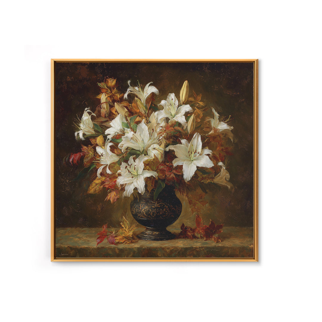 Dramatic White Lilies Framed Canvas Print, Baroque Art, Maximalist Wall Art, Living Room Decor, Abstract Art, Ornate, BAO-1x1-84