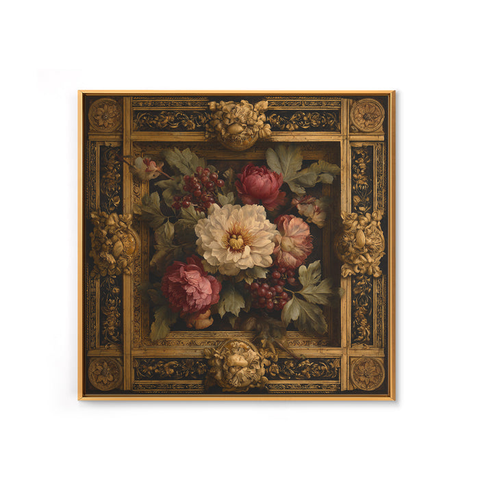 Ornate Gold Frame Illusion Around a Botanical Canvas Print, Baroque Art, Minimalist Wall Art, Living Room Decor, Ornate, BAO-1x1-9